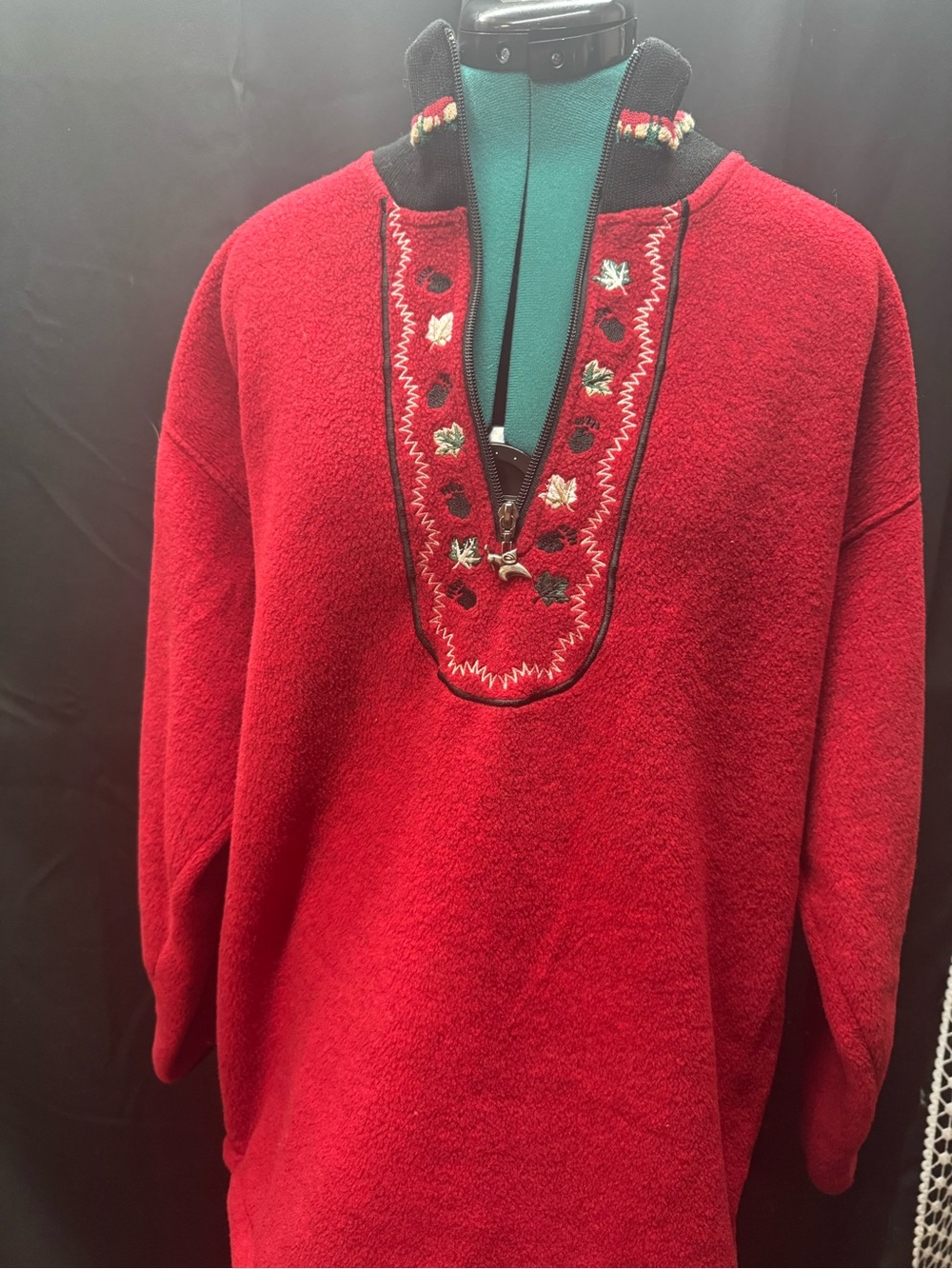 Tundra Red Embroidered Half-Zip Cowl Sweater